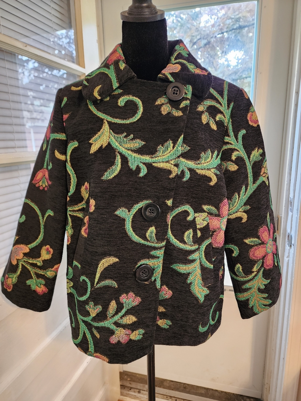 Erin London Floral Tapestry Jacket Coat Womens Size Med Button Up Long Sleeve